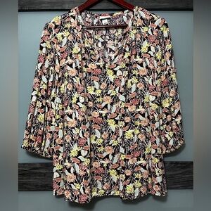 Ava & Viv Boho Floral Slight 3/4 Balloon Sleeve V-Neck Women's Size X